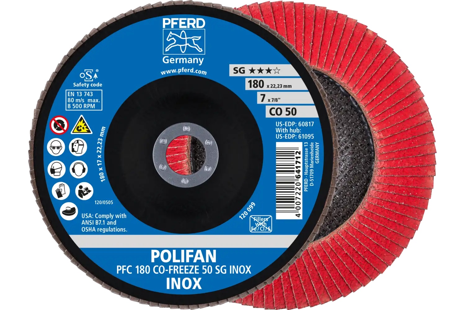 Picture of Pferd Flap Disc, 7" x 7/8, CO-Freeze SG Inox, 50 Grit, T29, Conical, Ceramic